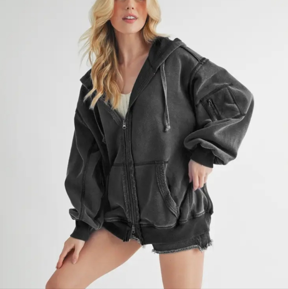 Aemi+Co Exposed Seam Zip-Up Drawstring Hoodie Jacket Washed Black S,M & L NWT$98